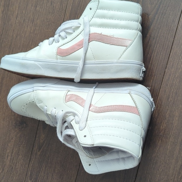 Vans SK8 Classic Hi High White Leather Powder Pink Stripe Skate Shoes - Picture 4 of 10